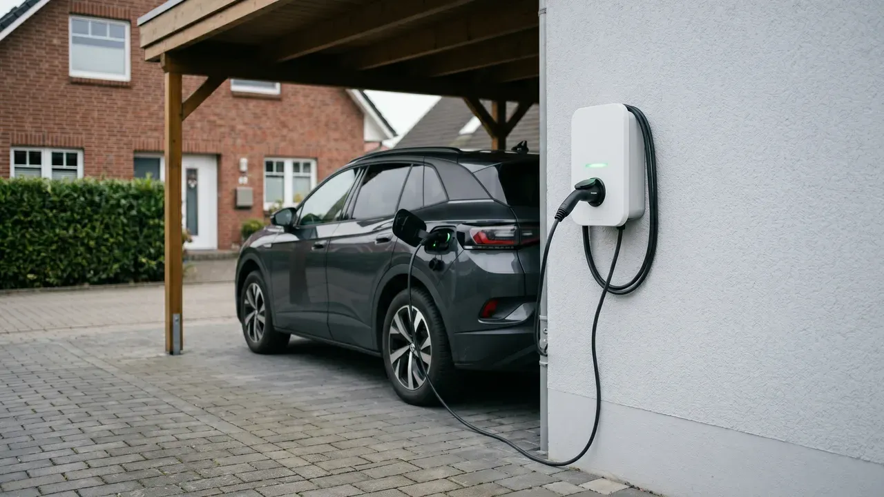 Modern installierte 11-kW-Wallbox an einer Garagenwand mit eingestecktem Typ-2-Ladekabel an einem Elektroauto