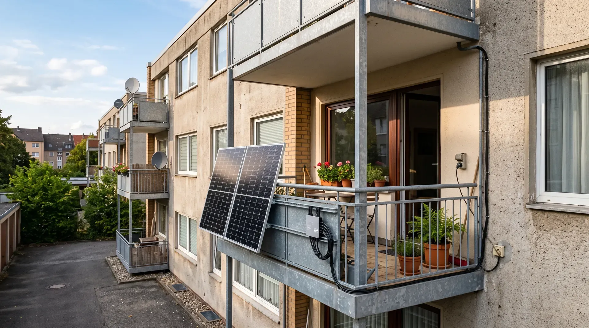 Zwei Solarmodule außen am Balkongeländer eines Mehrfamilienhauses, darunter der Wechselrichter mit Kabel zur Außensteckdose