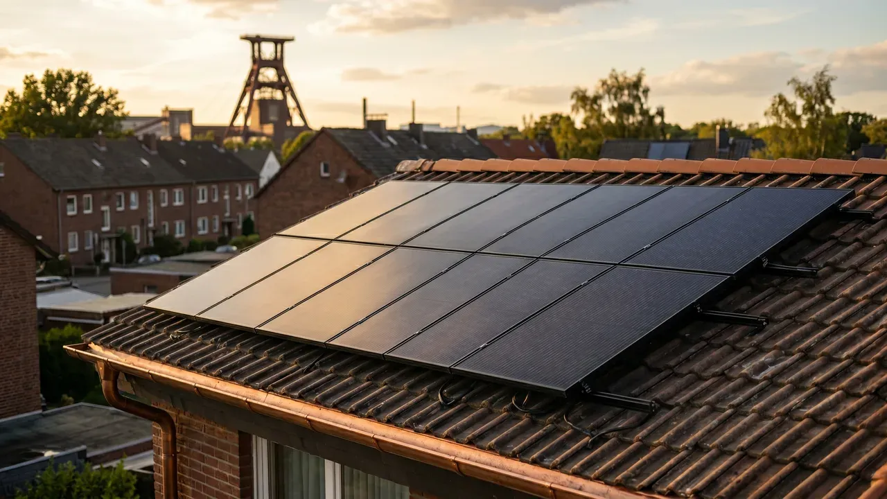 Neu installierte Photovoltaikanlage auf einem Dach im Ruhrgebiet mit Förderturm-Silhouette im Hintergrund