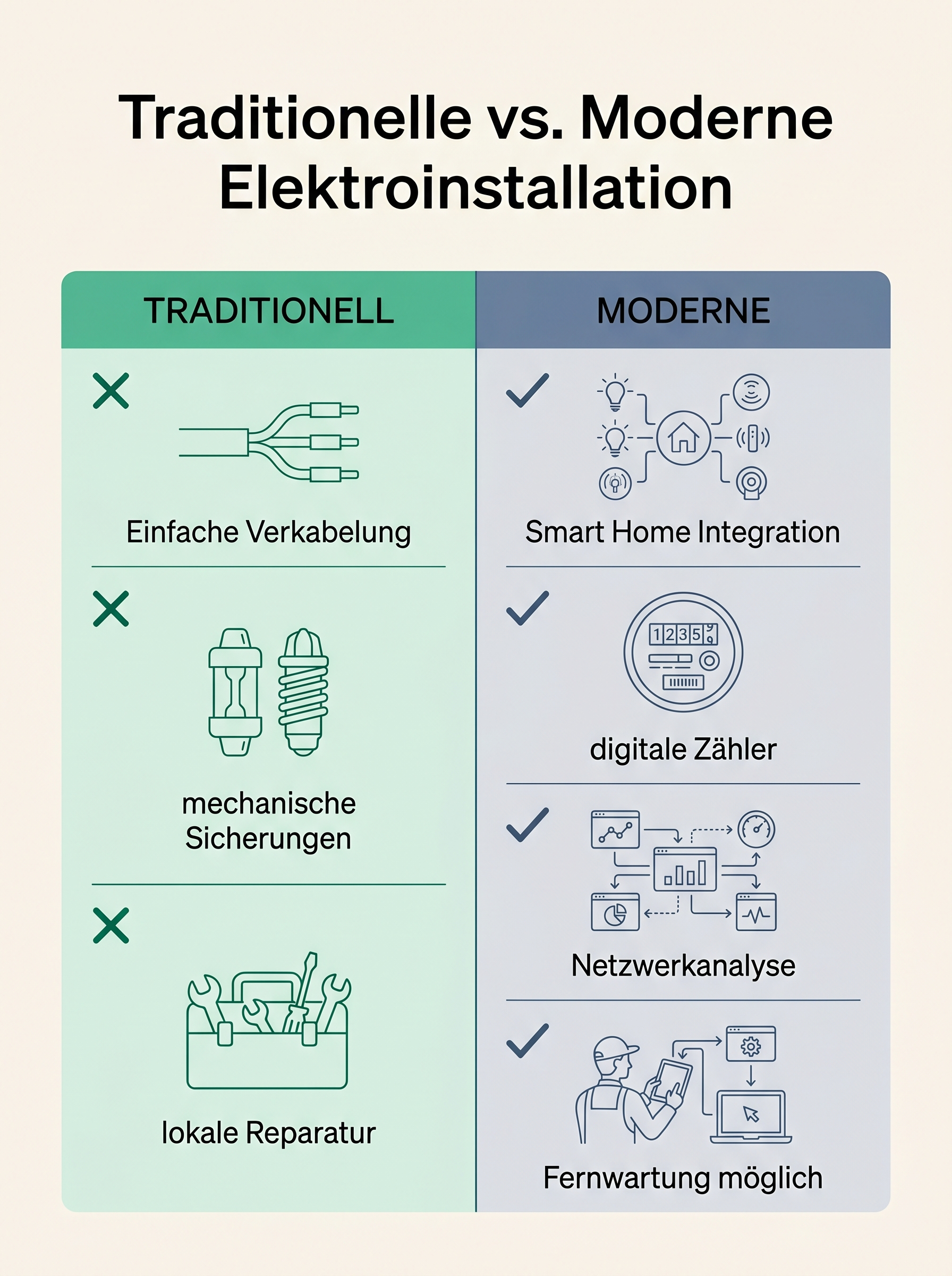 Traditionelle vs. Moderne Elektroinstallation